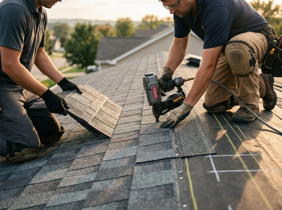 Professional roofer working on a residential roof in Lake Dallas